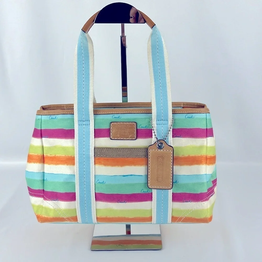 Coach Hampton Watercolors Pastel Striped Fabric Tote Handbag Small G0932-10025 - Picture 1 of 16